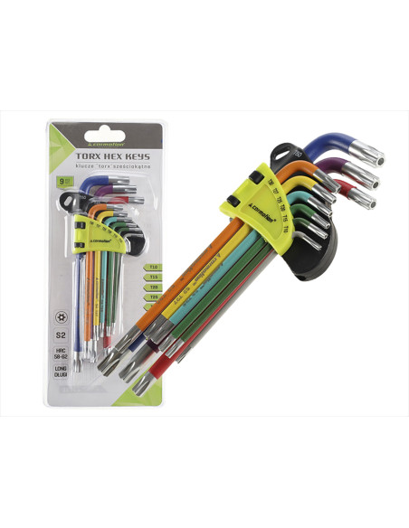 Klucze trzpieniowe otworowe 230 mm do śrub TORX, T10 - T50, 9 szt., kolorowe  63831
