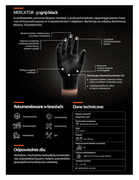 Rękawice nitrylowe czarne Mercator GoGrip Black 50 sztuk rozmiar XXL