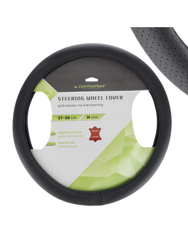 Pokrowiec na kierownicę, "M" 37-39 cm, z 1 odcinka skóry naturalnej, perforowany, czarny  58210